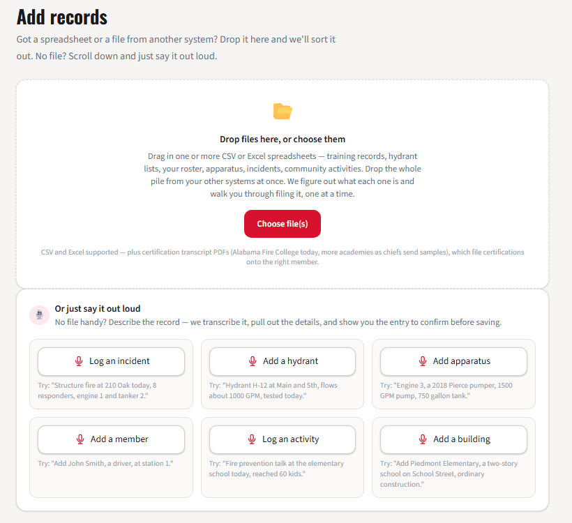WatchRoom Add Records page with file import drop zone and voice logging buttons