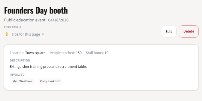 WatchRoom community risk activity record with location, reach, hours, and members involved