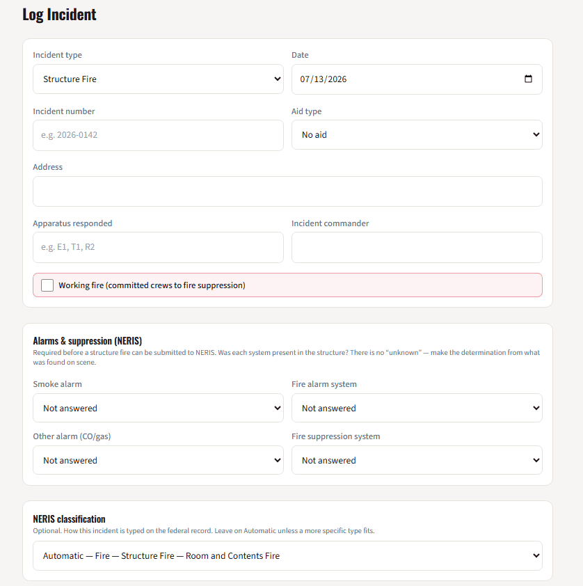 WatchRoom incident log form with NERIS alarm questions and automatic classification