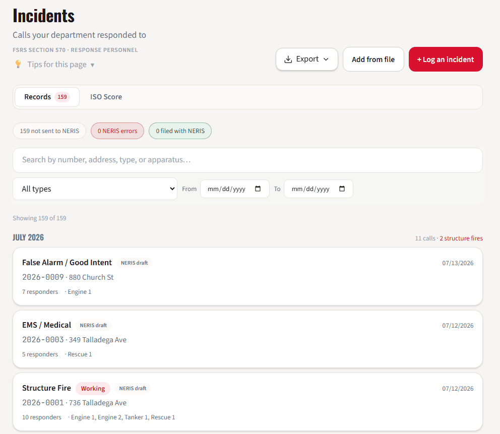 WatchRoom incident list with NERIS status, monthly call counts, and working fire badges