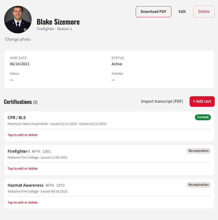 WatchRoom member profile with photo, hire date, and certifications with credential numbers