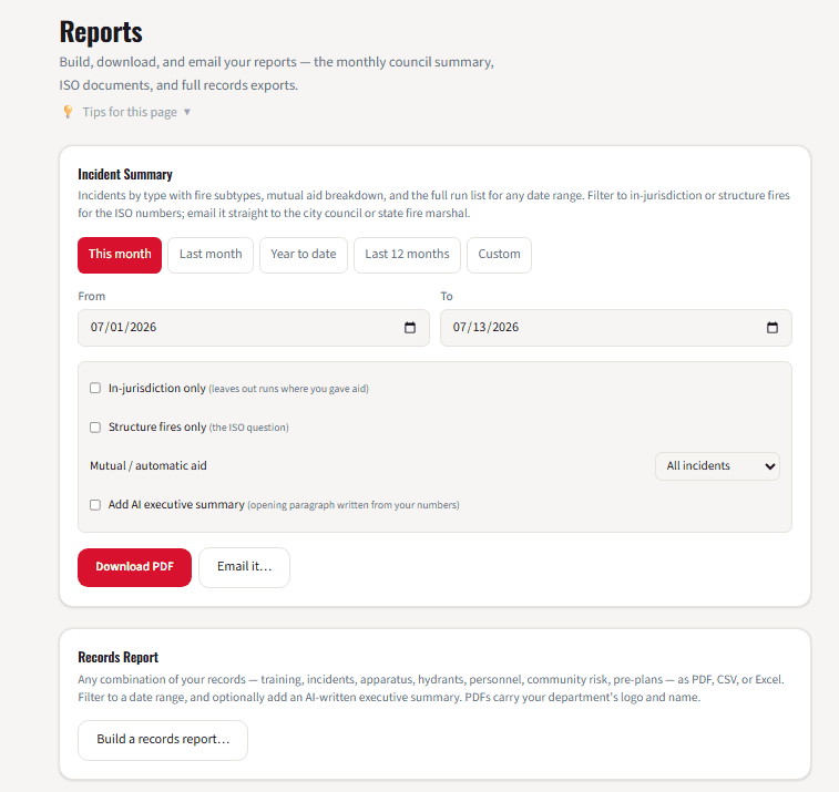 WatchRoom reports page with the incident summary builder and filters