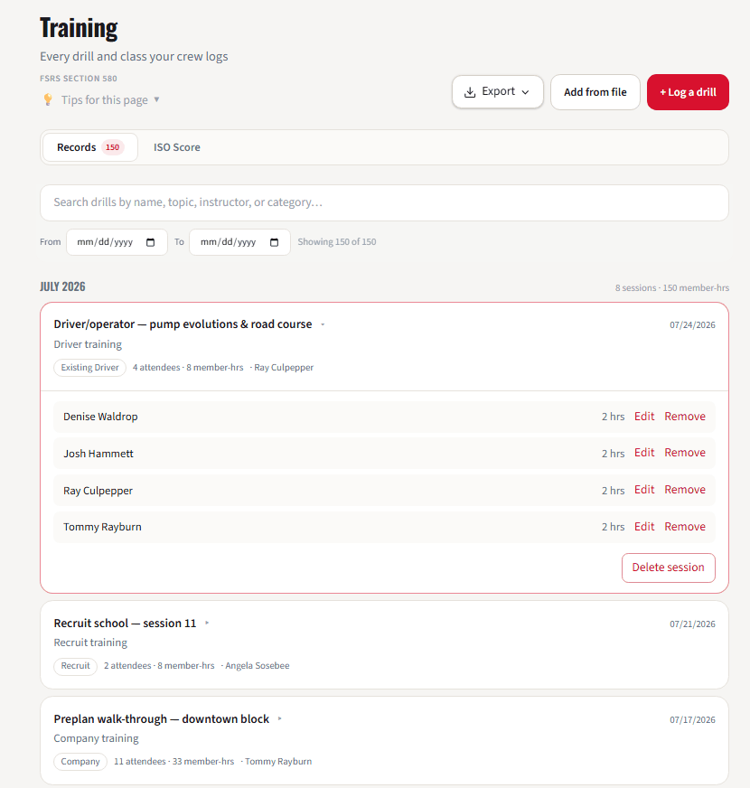WatchRoom training records list with monthly totals and expandable sessions