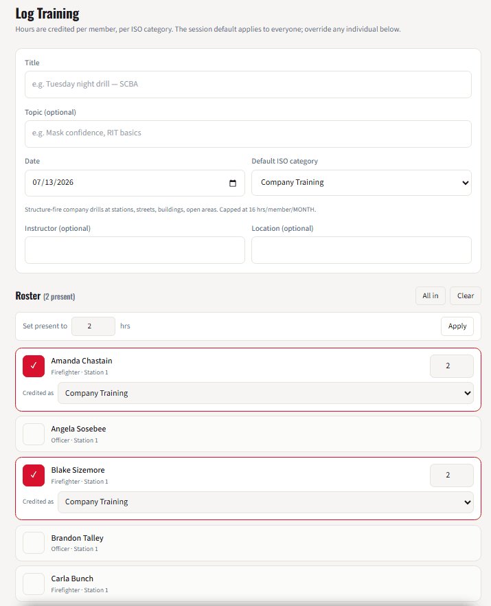 WatchRoom training log form with bulk attendance and per-member ISO category